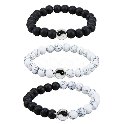 FIBLOOM 3Pcs 3 Styles Natural Howlite & Frosted Black Stone Beaded Stretch Bracelets Set BJEW-FI0001-21-1