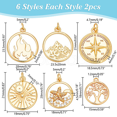 12Pcs 6 Styles Brass Pendants KK-AR0004-68-1
