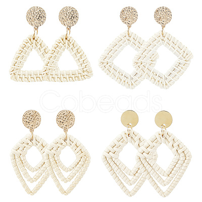 4 Pairs 4 Styles Rattan Dangle Stud Earrings EJEW-SP0001-16A-1
