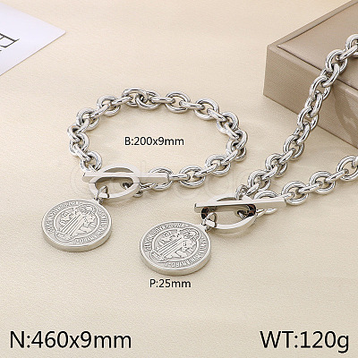 Flat Round with Saint Benedict 304 Stainless Steel Pendant Necklaces & Charm Bracelets Sets FS-WG2A73C-01-1