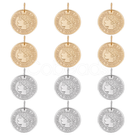 12Pcs 2 Colors 304 Stainless Steel Coin Pendants STAS-UN0064-48-1