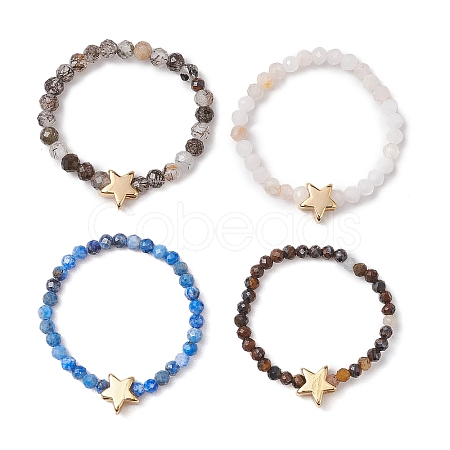 Round Natural Tiger Eye & Black Rutilated Quartz & Lapis Lazuli & Pink Opal Beads Stretch Rings RJEW-JR00790-1