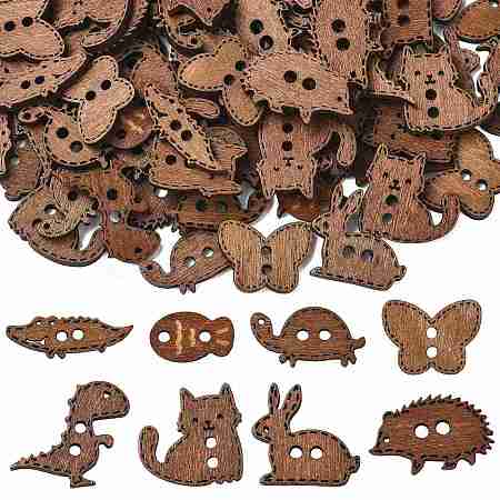 100Pcs 8 Styles 2-Hole Wood Buttons BUTT-FS0001-01A-1