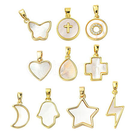 10Pcs 10 Styles Brass Pave Natural White Shell Pendants KK-CJ0002-56-1