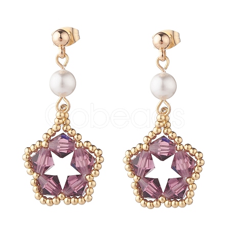 Pentagon and Shell Pearl Dangle Stud Earrings EJEW-TA00056-03-1