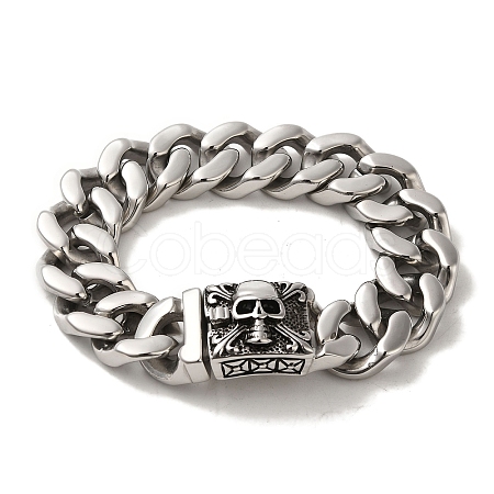 304 Stainless Steel Skull Cuban Link Chain Bracelets for Women Men BJEW-Q341-05D-AS-1