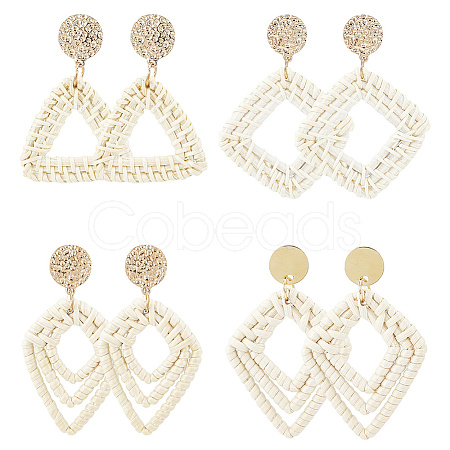 4 Pairs 4 Styles Rattan Dangle Stud Earrings EJEW-SP0001-16A-1