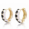 Brass Huggie Hoop Earrings, with Two Tone Enamel, Real 18K Gold Plated, Rhombus Pattern, Black, 15.5x16.5x5mm, Pin: 1x1mm