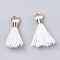 Polycotton(Polyester Cotton) Tassel Pendant Decorations, Mini Tassel, with Brass Findings, Light Gold, White, 10~15x3~4mm, Hole: 2mm