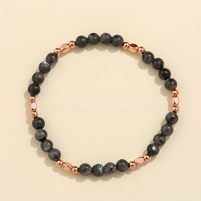 Natural Larvikite & Brass Bead Stretch Bracelets for Women HH3302-1-1
