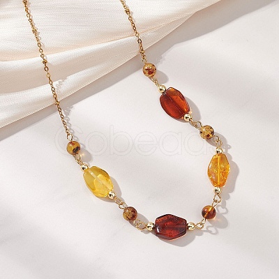 Natural Amber Nuggets Beaded Necklaces with 304 Stainless Steel Satellite Chain Necklaces NJEW-JN05978-1