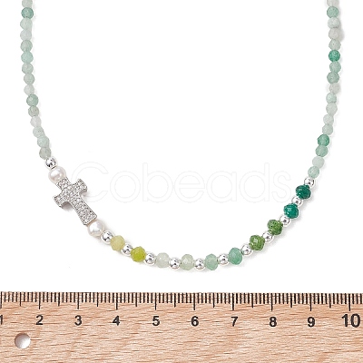 Natural Green Aventurine Faceted Round and Dyed Malaysia Jade & Pearl Beaded Necklaces with Brass Micro Pave Clear Cubic Zirconia Cross NJEW-JN05975-01-1