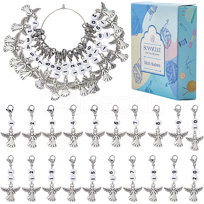 20Pcs Number Acrylic Beaded Pendant Locking Stitch Markers with Alloy Angel HJEW-SC00043-1