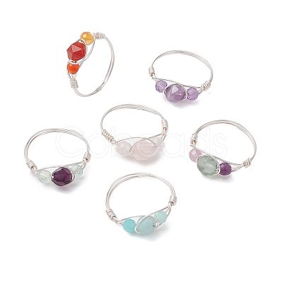 Round Natural Rose Quartz & Amethyst & Fluorite & Carnelian & Amazonite & Red Agate Finger Ring RJEW-JR00755-1