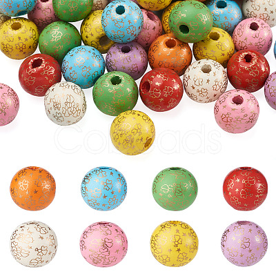 80Pcs 8 Colors Printed Natural Wood Beads WOOD-FW0001-10-1