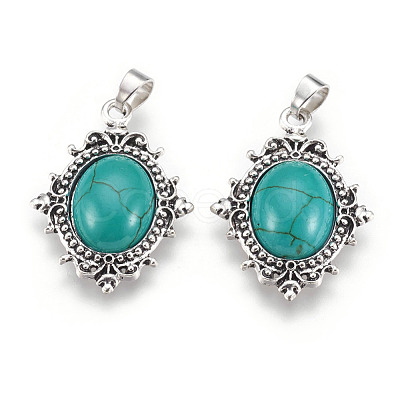 Oval Antique Silver Plated Alloy Synthetic Turquoise Pendants PALLOY-J502B-03AS-1