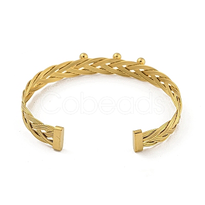 304 Stainless Steel Grid Braided Open Cuff Bangles for Women BJEW-E100-02G-1