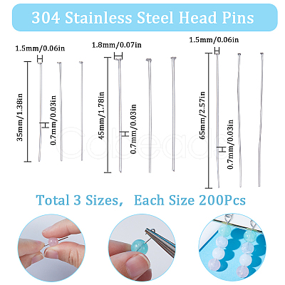 SUNNYCLUE 600Pcs 3 Styles 304 Stainless Steel Flat Head Pins STAS-SC0005-76-1