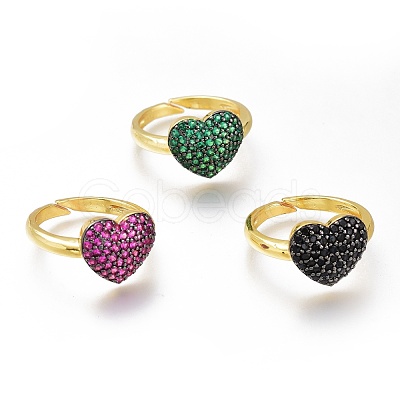 Brass Micro Pave Cubic Zirconia Heart Cuff Rings RJEW-N031-15-1