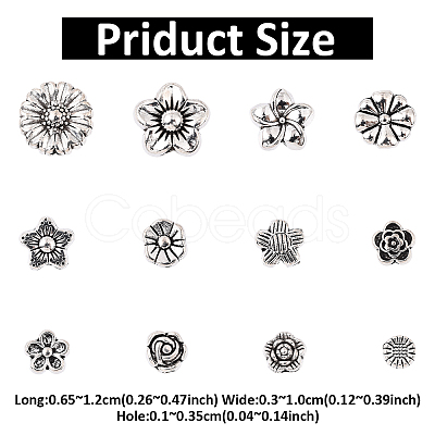 120Pcs 12 Styles Tibetan Style Alloy 3D Flower Beads FIND-YW0009-60-1