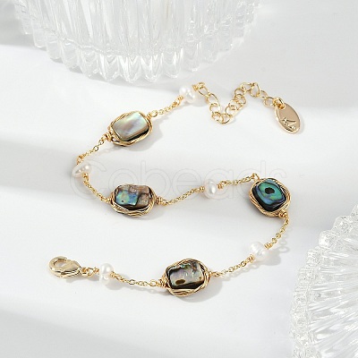 Rectangle Brass Abalone Shell Link Bracelets KK-D301-02G-1