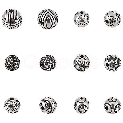 12Pcs 6 Styles Round 304 Stainless Steel Beads STAS-UN0059-95-1