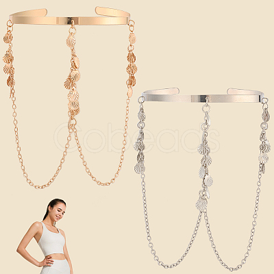 2Pcs 2 Colors Bohemia Style Tassel Alloy Upper Arm Open Cuff Bangles for Women BJEW-CY0001-03A-1