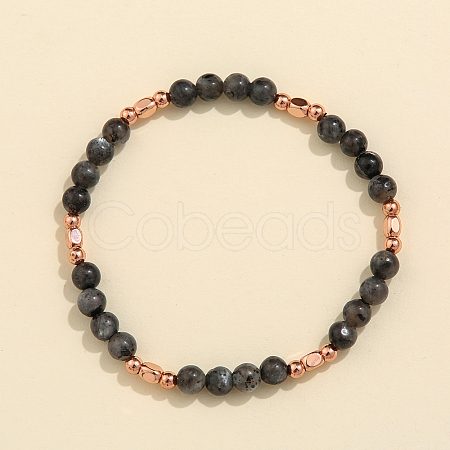 Natural Larvikite & Brass Bead Stretch Bracelets for Women HH3302-1-1