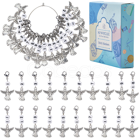 20Pcs Number Acrylic Beaded Pendant Locking Stitch Markers with Alloy Angel HJEW-SC00043-1
