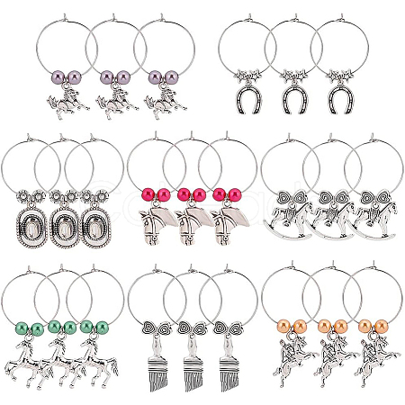 BENECREAT 24Pcs 8 Styles Horseshoe & Brush & Horse & Hat Alloy Wine Glass Charms with Acrylic Pearl AJEW-BC0003-14-1