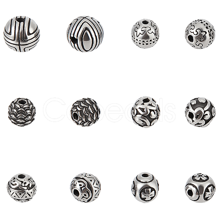 12Pcs 6 Styles Round 304 Stainless Steel Beads STAS-UN0059-95-1