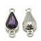 Alloy Glass Links connectors, teardrop, Platinum, Purple, 21x10x5~6mm, Hole: 2mm