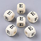 Printed Natural Wood Beads, Horizontal Hole, Cube with Initial Letter, PapayaWhip, Letter.E, 10x10x10mm, Hole: 3.5mm