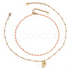 Red Glass Beaded Chain Double Layer Necklaces with Stainless Steel Religion Virgin Cross Pendant QR8888-1-6