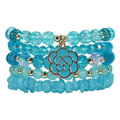 Bohemian Glass & Plastic Beads Strertch Bracelets & Camellia Zinc Alloy Enamel Charm Bracelets FS-WG4AF45-02-1
