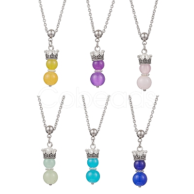 6Pcs 6 Colors Handmade Glass Beaded Prince with Crown Pendant 304 Stainless Steel Cable Necklaces for Women NJEW-JN05447-1