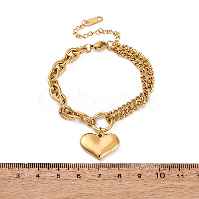 Ion Plating(IP) 304 Stainless Steel Twisted Chain & Cable Chain Heart Charm Bracelets for Women BJEW-H613-01G-1