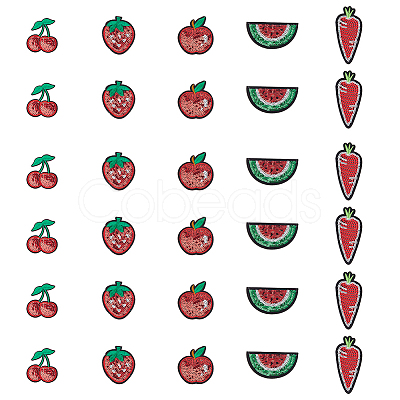 30Pcs 5 Styles Fruit Theme Felt Fabric with Glitter Sequins Iron on/Sew On Patches PATC-FH0001-14-1