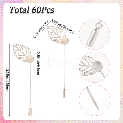 60Pcs Leaf Stainless Steel Round Tray Stick Lapel Pins JEWB-SC0001-75B-1