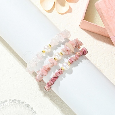 3Pcs 3 Styles Natural Mixed Gemstone Chip & Cultured Freshwater Pearl Beaded Stretch Bracelets Set for Women BJEW-JB13762-04-1