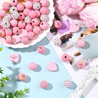 Valentine's Day 60Pcs Element Printed Wood Beads WOOD-YW0001-91-1