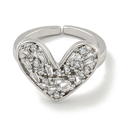 Heart Brass Micro Pave Cubic Zirconia Open Cuff Ring for Women RJEW-E296-05P-1