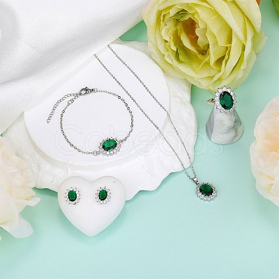Cubic Zirconia Oval Pendant Necklace & Link Bracelet & Cuff Ring & Stud Earrings SJEW-SZC0001-01B-1