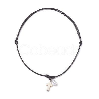 2Pcs 2 Colors Adjustable Dyed Synthetic Turquoise with Round Plastic Imitation Pearl Cross Pendant Black Waxed Polyester Cord Necklaces for Women NJEW-JN05384-1