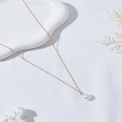 1Pc ABS Plastic Imitation Pearl Teardrop Pendant Iron Chain Necklaces NJEW-LP0009-35-1