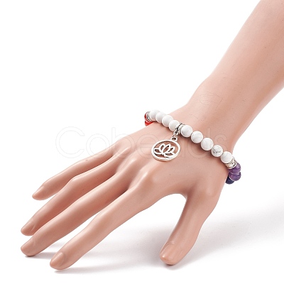 Natural Howlite & Mixed Gemstone Stretch Bracelet with Alloy Lotus Charms BJEW-TA00134-04-1