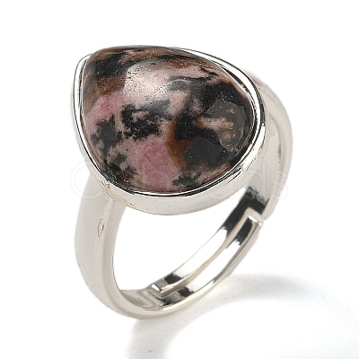 Natural Rhodonite Teardrop Adjustable Rings RJEW-K371-08S-12-1