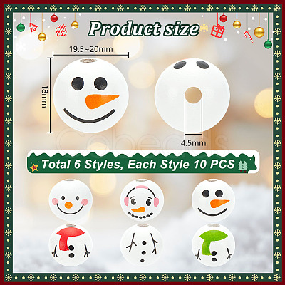 60Pcs 6 Styles Round Christmas Snowman Print Wood European Beads WOOD-PH0002-98-1