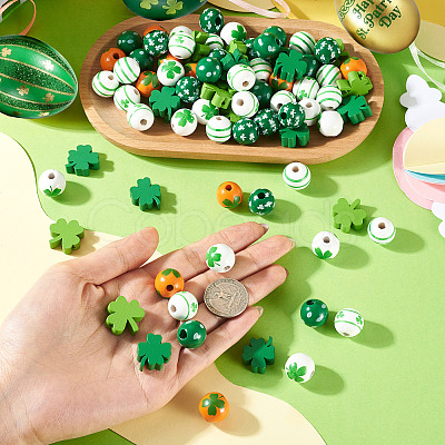 80Pcs 8 Styles Printed Wood European Beads WOOD-TA0002-98-1