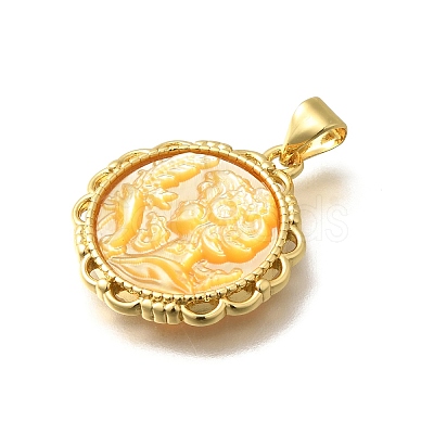 Brass with Natural Shell Carved Pendants KK-Z091-05G-03-1